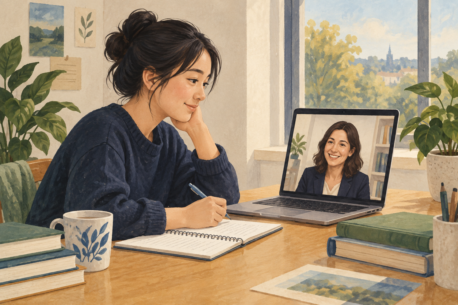 学生通过视频通话与顾问讨论学习计划的插画。